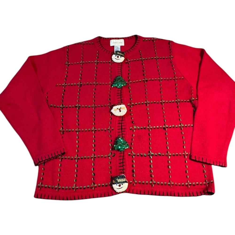 Lemon Grass Red Christmas Sweater Snowman‎ Santa Tree Button Knit Size Large